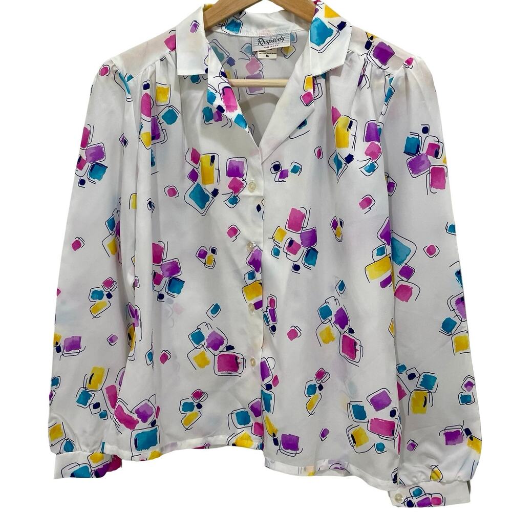 Vintage 80s Collared Button-Up Blouse Rhapsody Women's Colorful Abstract Medium